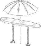 Combined surfboard-shaped table and umbrella