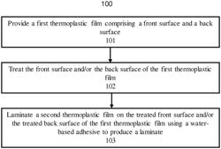 Functional laminate using water-based adhesive, method for making such laminate, and lens using such laminate